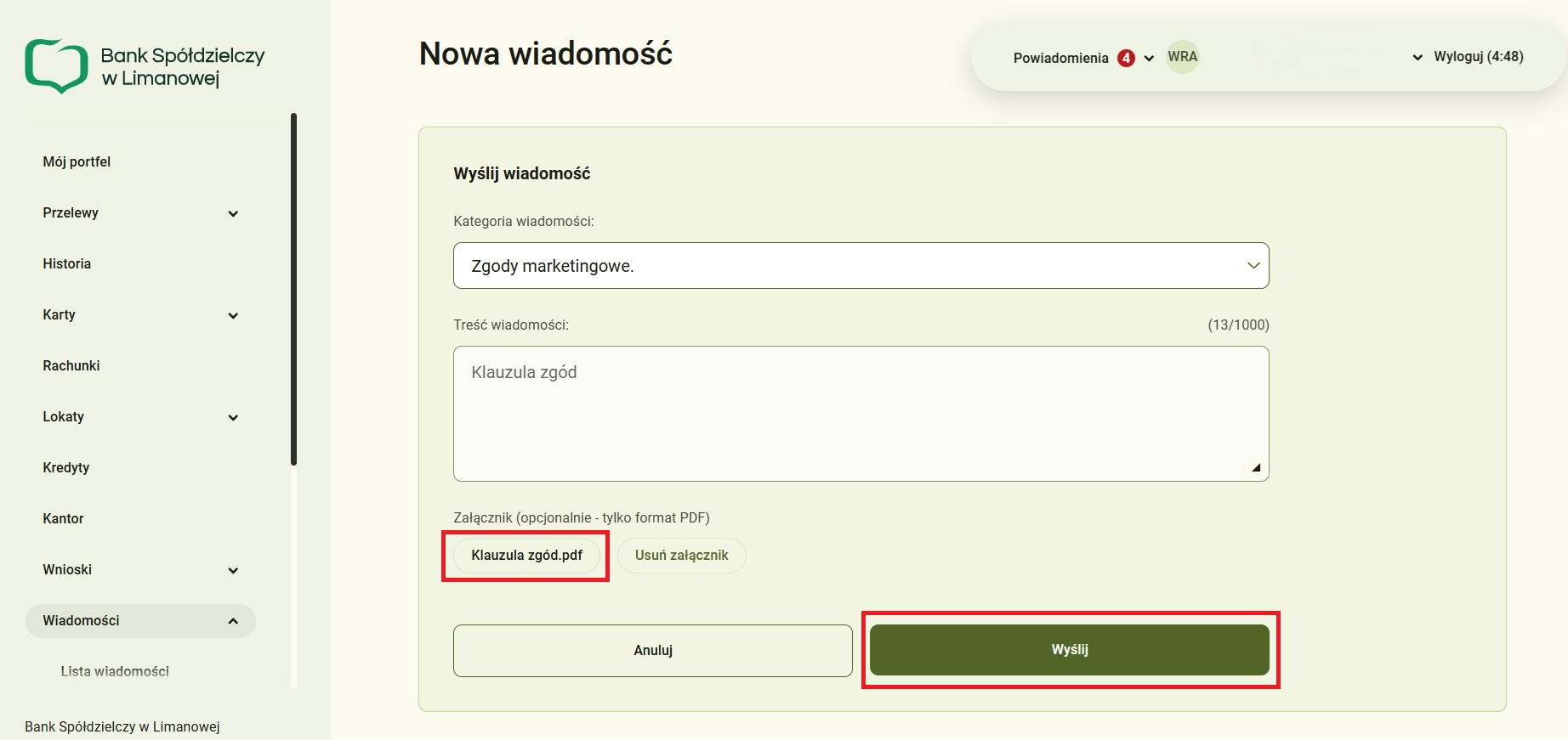 Po wyborze przycisku ‘Wyślij’, system poprosi o autoryzację dyspozycji kodem SMS lub poprzez akceptację powiadomienia Push w ramach aplikacji BSLMobile – w zależności od uruchomionej formy autoryzacji.